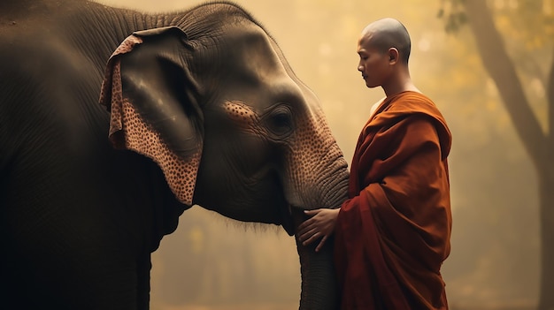 Spiritual Bond Novices or Monks Hug Elephants Thai Stand