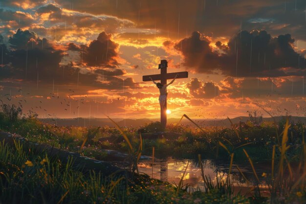 A spiritual depiction of the crucifixion at sunset with the cross and the figure of Jesus Christ