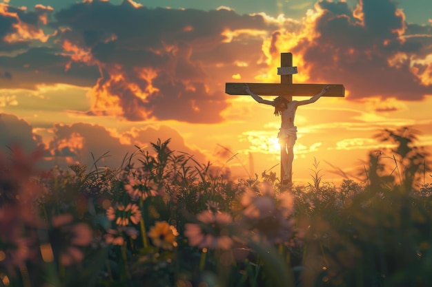 A spiritual depiction of the crucifixion at sunset with the cross and the figure of Jesus Christ