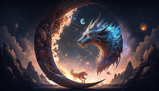 Spiritual dragon painting planets