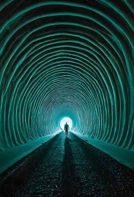 Photo spiritual man entering a wide tunnel with light at the end