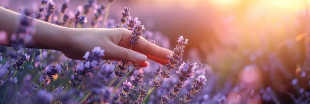 Spiritual Mindfulness at Lavender Field Middleaged Woman Gratefully Touching Lavender Flowers