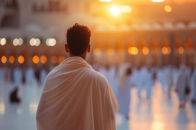 Photo spiritual moment man in ihram facing kaabah