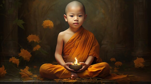 Spiritual Serenity Small Monk Embracing the Essence of Gautam Buddha