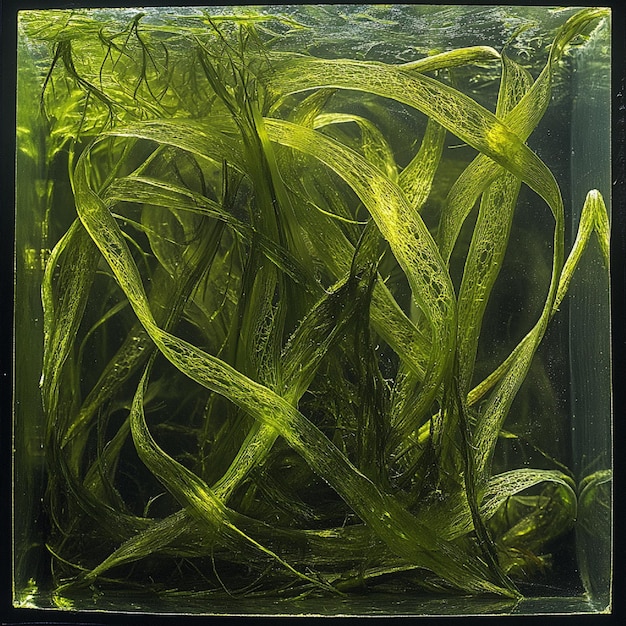 Photo spirogyra framing long filamentous strands in freshwater conditions