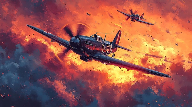 Spitfire Fighter Planes in Fiery Sky