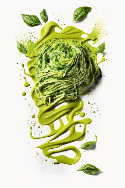 Splash abd levitation of delicious green pasta dish with pesto sauce