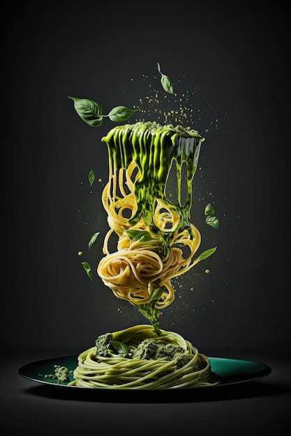 Splash abd levitation of delicious green pasta dish with pesto sauce