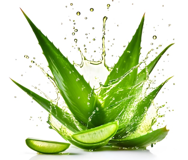 Splash of aloe vera juice with drops on white background