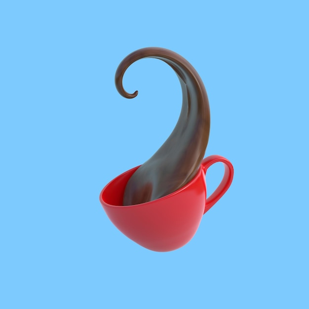 Splash of black coffee from red Cup on blue background Cup in the air Creative concept 3D render