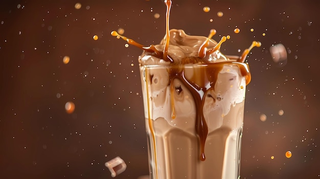 splash of chocolate in a glass of milkshake on a brown background Generative AI illustrations