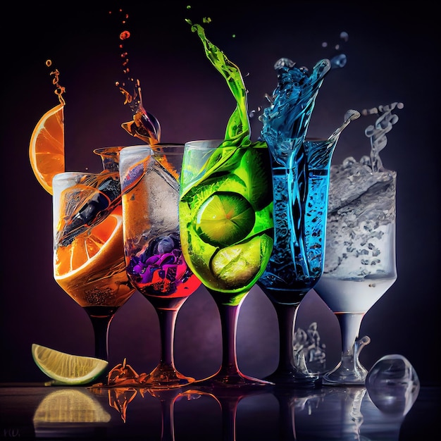 Splash of cocktails in row of glasses on the dark background made with generative AI