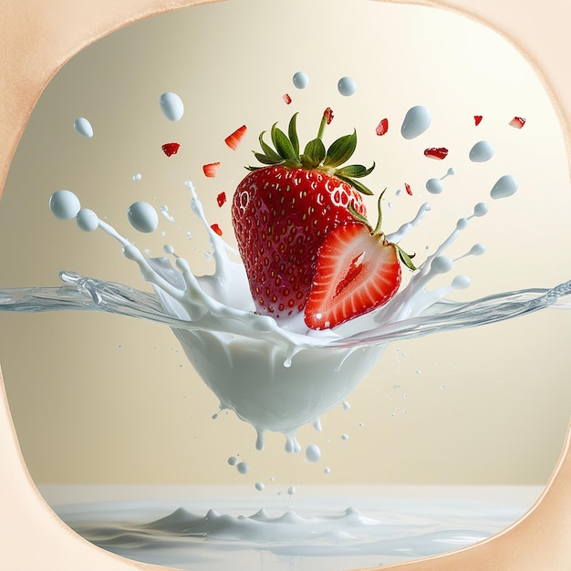 Photo splash of cold milk and a ripe strawberry suspended in midair