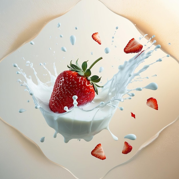 Photo splash of cold milk and a ripe strawberry suspended in midair