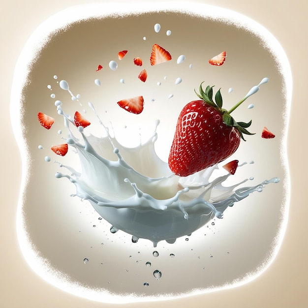 Photo splash of cold milk and a ripe strawberry suspended in midair