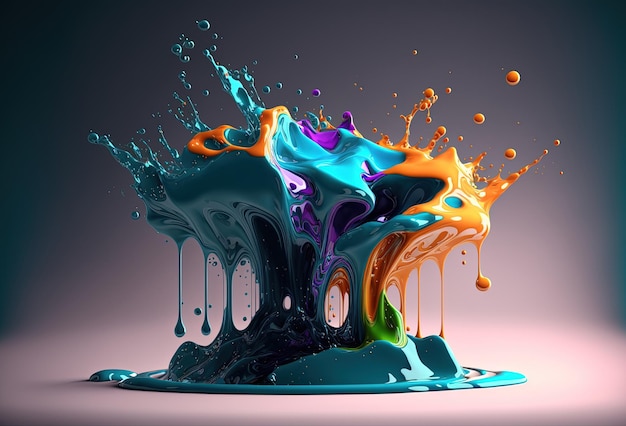 A splash of colorful liquid on a mirrored surface An explosion of paint ink An immersive abstract background 3D rendering AI generated