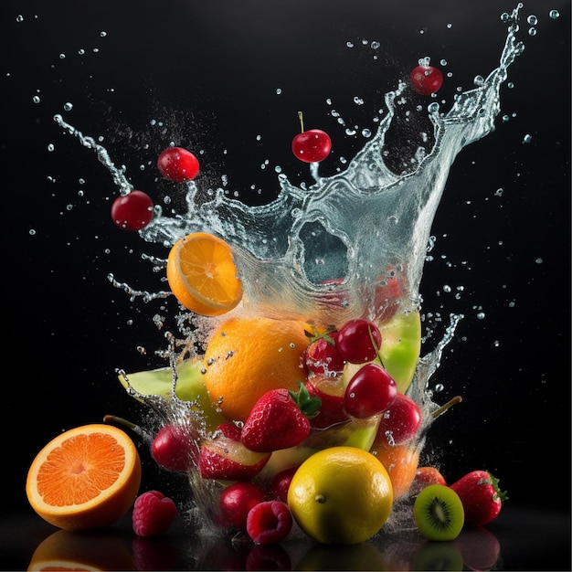 A splash of fruit is being thrown into a bowl with water and a splash of fruit.