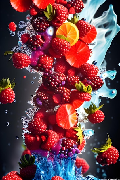 A splash of fruit is shown with a blue background.