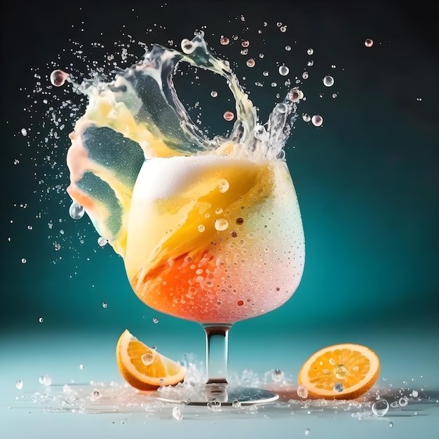 Splash in a glass of refreshing summer cocktail on turqouis background copy space Colorful drink