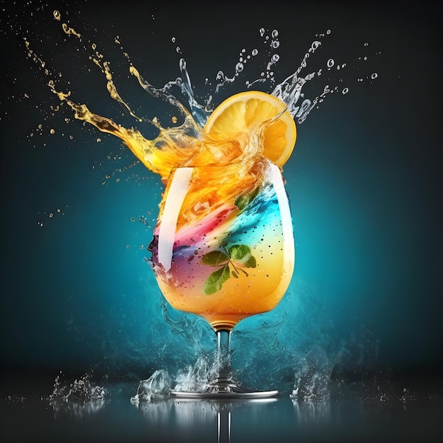 Splash in glass of refreshing summer iced cocktail on turqouis background copy space Colorful drink