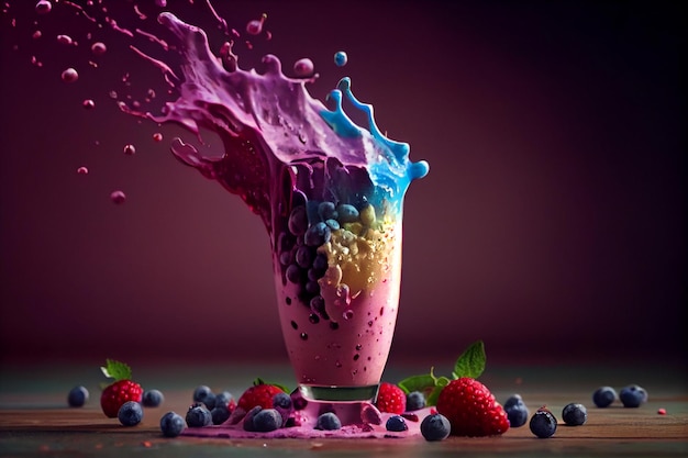 Splash in glass with fruits and berries Colorful backgroundgenerative ai