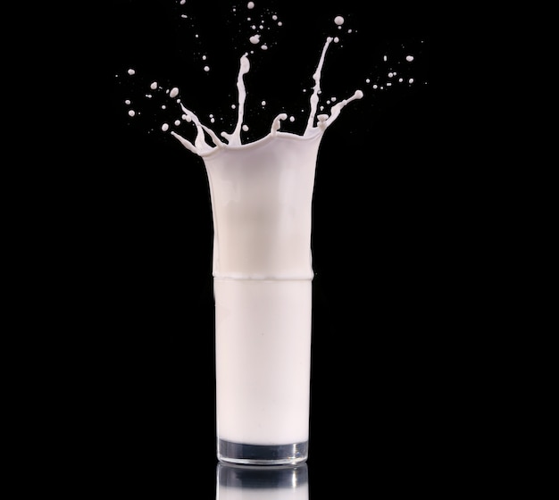 Splash in a glass with milk isolated on black