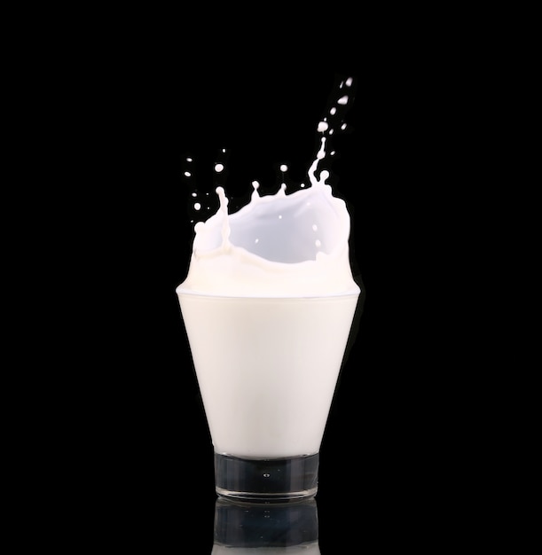 Splash in a glass with milk isolated on black