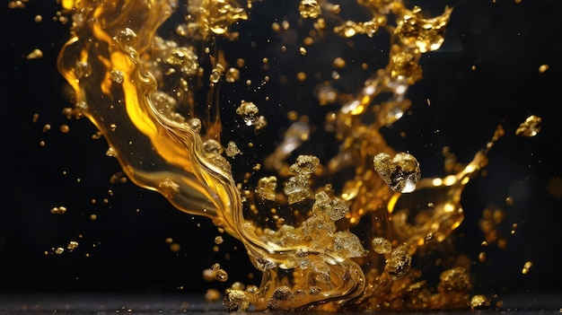 a splash of gold liquid is being poured into a glass