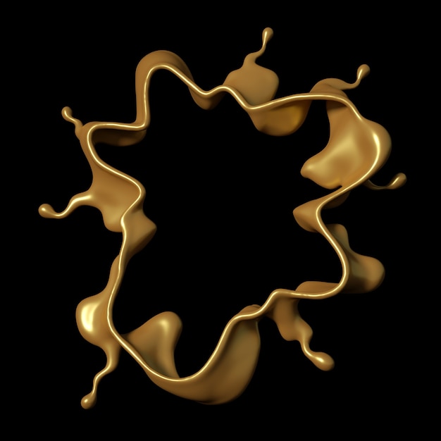 A splash of golden caramel on a black background. 3d illustration, 3d rendering.