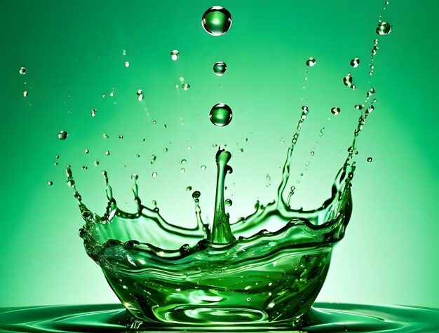 Splash of green liquid with drops on green background