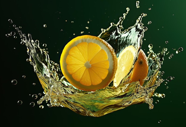 Splash of lemons on green background Generative AI