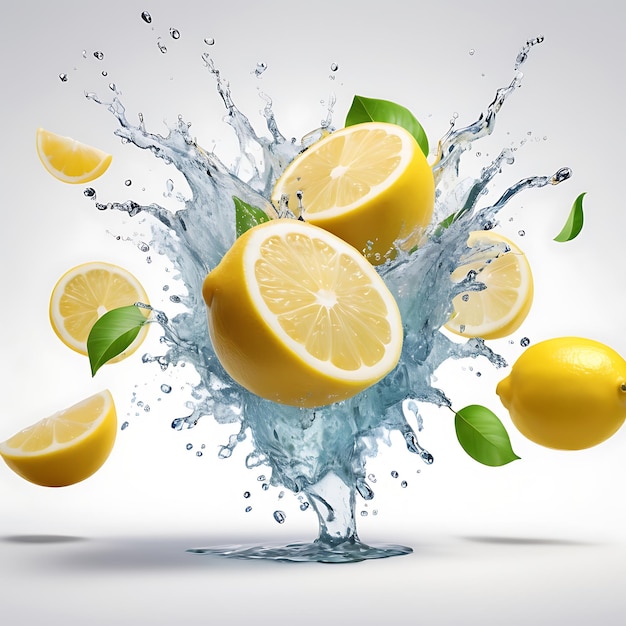 a splash of lemons and lemons in a blue water splash