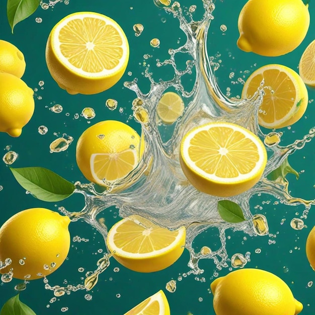 Photo a splash of lemons and a splash of water with a lemon slice in the background