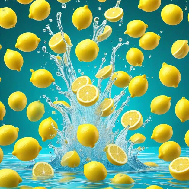 Photo a splash of lemons and water splashing in the air