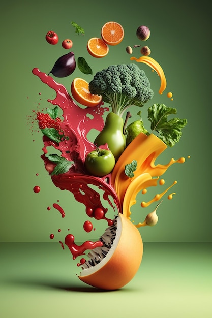 Splash levitation of organic foods fresh vegetables and fruits selection