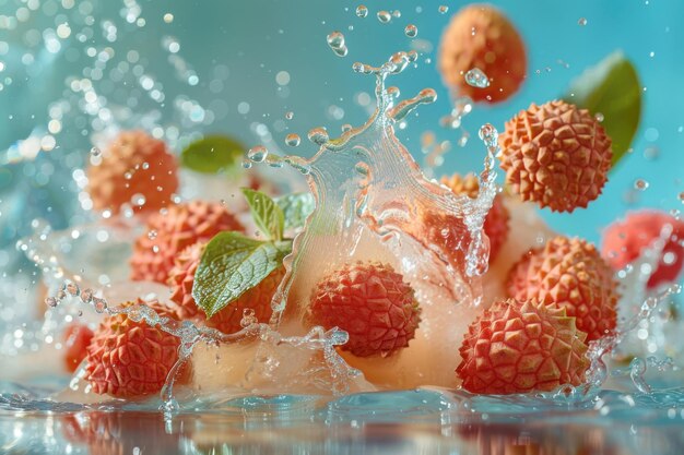 Photo a splash of lychee juice in the air with lychee pieces splash in the air copy space for text