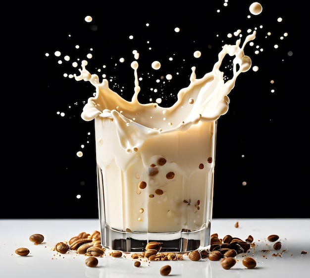 Splash of malted milk with drops on white background