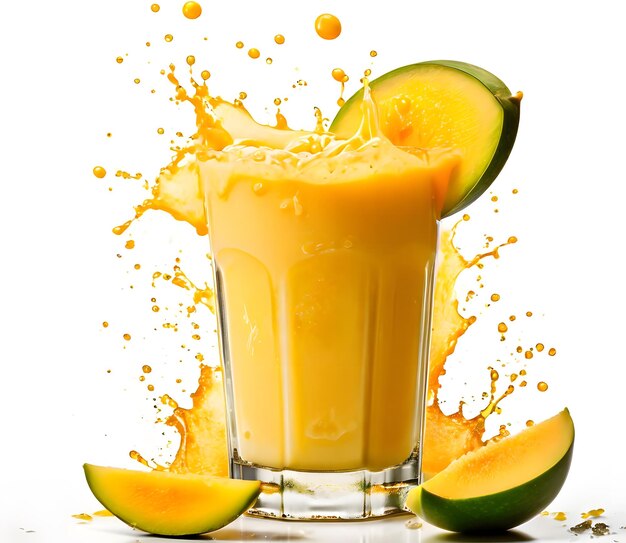 Splash of mango lassi with drops on white background