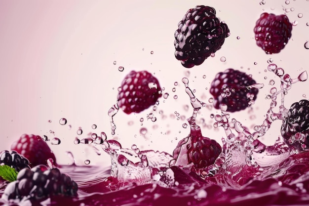 Photo a splash of marionberry juice in the air with marionberries splash in the air copy space for text