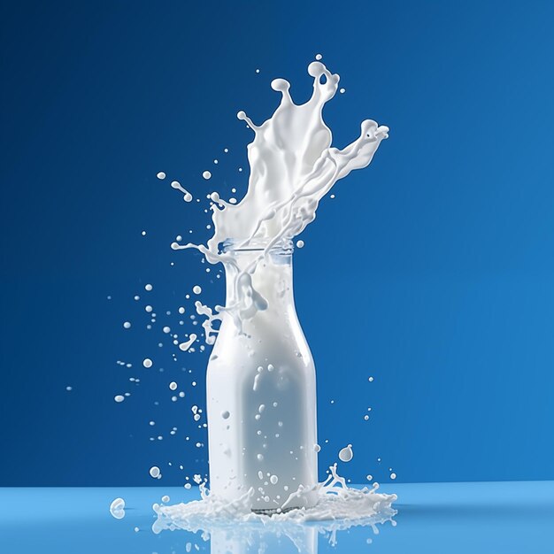 Photo a splash of milk coming out of a glass bottle against a blue background