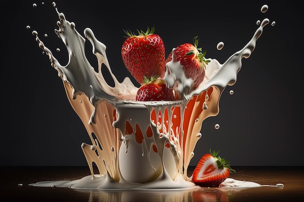 Splash of milk poured strawberry, creative ai