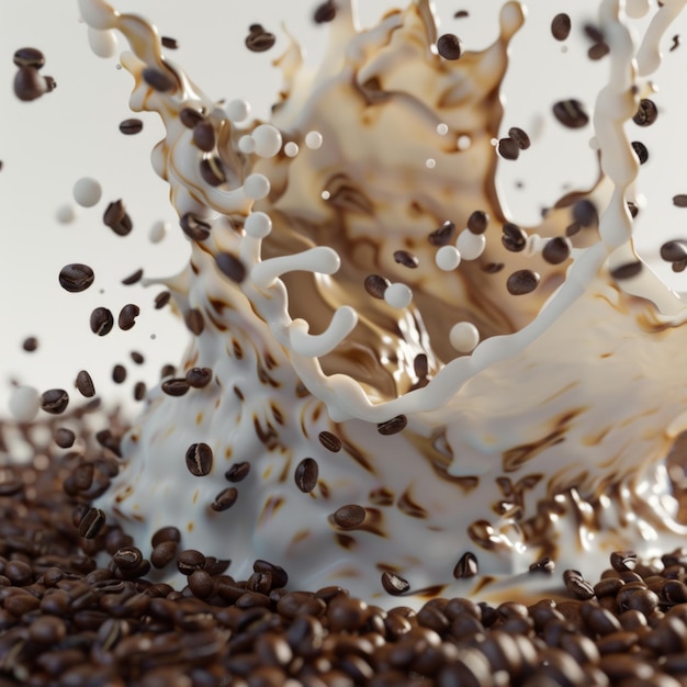 A splash of milk with coffee beans floating in it