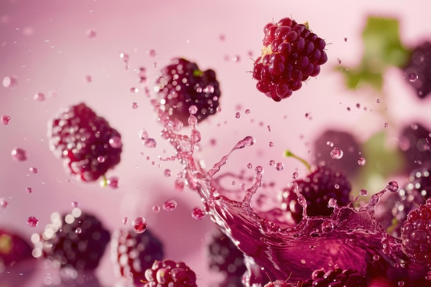 Photo a splash of mulberry juice in the air with mulberries splash in the air copy space for text