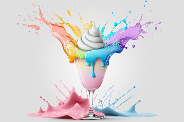 Splash multicolored ice cream in a glass bowl Splash and drops of cream milkshake Abstract illustration of pastel colors on a white background AI generated