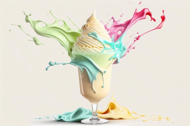 Splash multicolored ice cream in a glass bowl Splash and drops of cream milkshake Abstract illustration of pastel colors on a white background AI generated