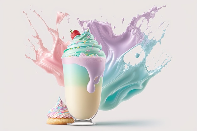 Splash multicolored ice cream in a glass bowl Splash and drops of cream milkshake Abstract illustration of pastel colors on a white background AI generated