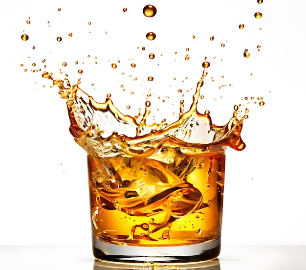 Splash of old fashioned drink with drops on white background