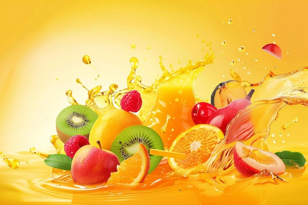 a splash of orange juice and fruit in a glass of water