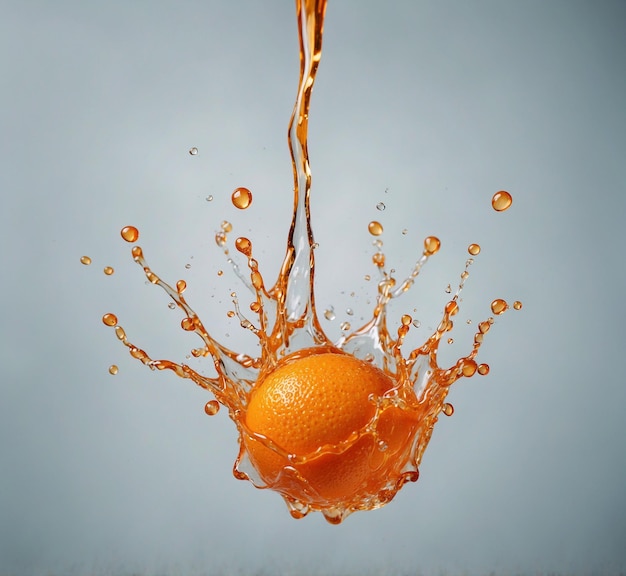 a splash of orange juice with a blue background and a white background