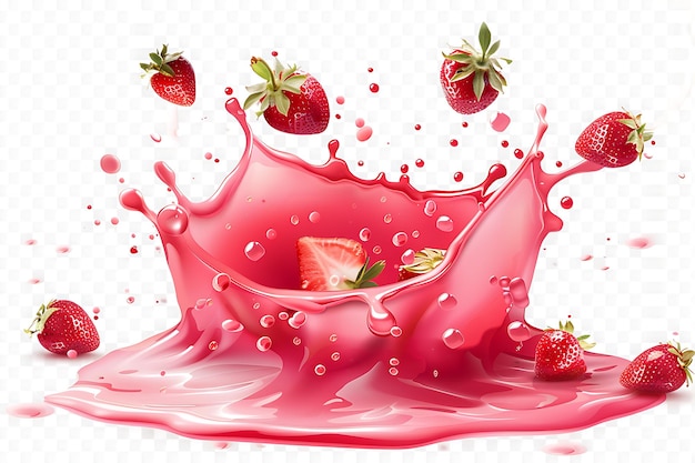 A splash of pink strawberry milk with two strawberries floating in it